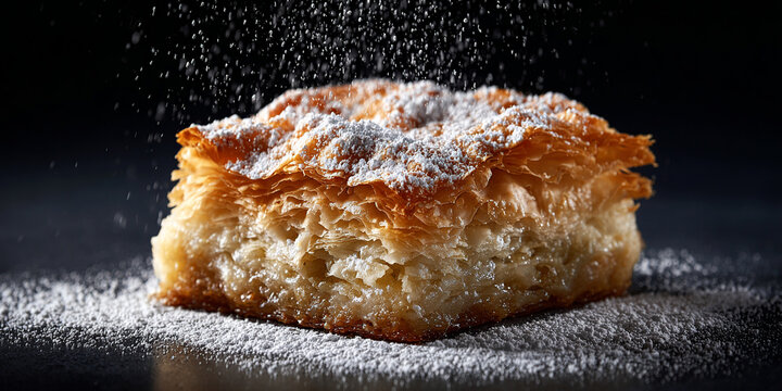 Greek food called Bougatsa on dark background