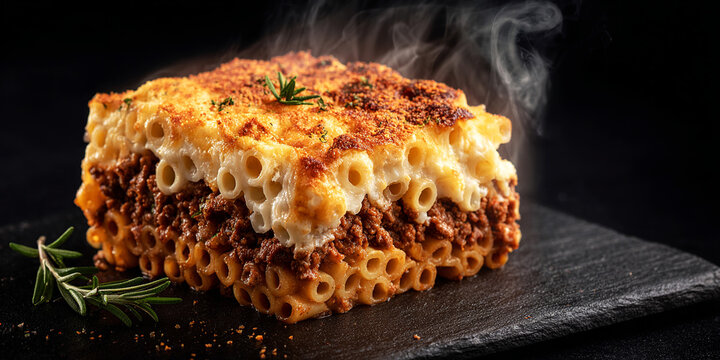 Greek food called Pastitsio with smoke on dark background