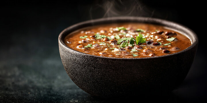 Indian food called Dal makhani with smoke on dark background