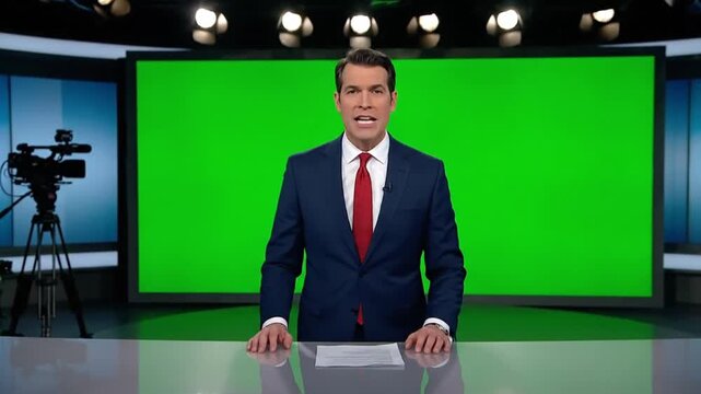News Anchor in Studio with Green Screen Background in Professional Lighting for Broadcasting