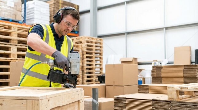 A carpenter in a safety vest and ear protection uses a pneumatic nail gun to build a wooden crate in a warehouse.