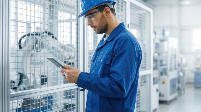 An engineer in a hard hat and uniform uses a tablet to program a robotic arm behind a safety cage in a modern factory.