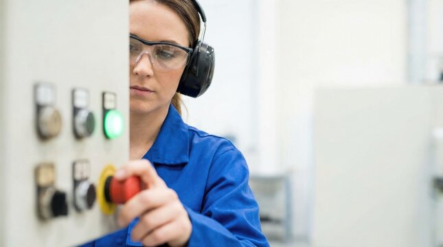 A female worker in safety glasses and ear protection presses a red emergency stop button on a machine control panel in a factory.