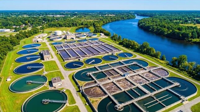Aerial view of a large wastewater treatment plant with purification tanks and basins alongside a river under a clear sky.