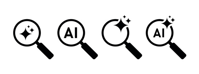 AI search icon set, magnifying glass with magic sparkle stars symbol, artificial intelligence technology vector design element © Liena