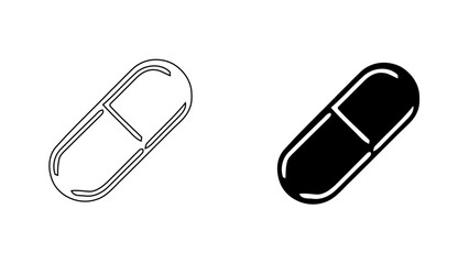 Medical Capsule Pill Icon, Minimalist Antibiotic and Vitamin Supplement Tablet Symbol, Healthcare and Pharmacy UI Design, Line and Solid Bold Style, 4K Vector Illustration