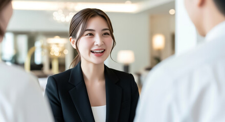 ウェディングプランナーが笑顔で接客するシーン：理想の結婚式を叶えるための打ち合わせと提案