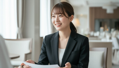 ウェディングプランナーが笑顔で接客するシーン：理想の結婚式を叶えるための打ち合わせと提案