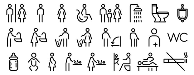 Toilet and bathroom icon collection in outline style. Restroom signs for men, women, mother with baby and wheelchair users, shower symbol, no smoking. Editable line vector pictograms.