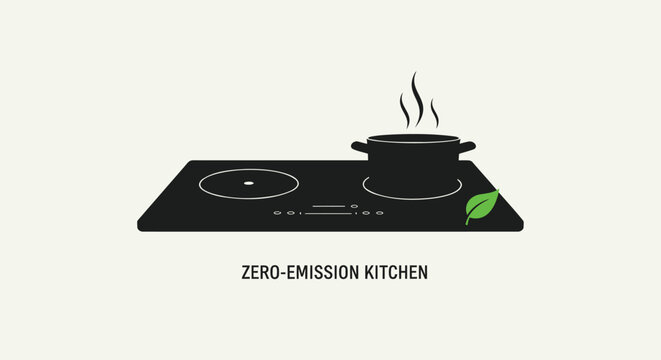 Zero emission kitchen induction cooktop with pot vector icon