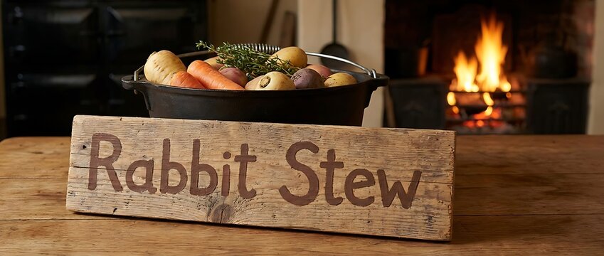 Traditional rabbit stew ingredients in a pot by the fire