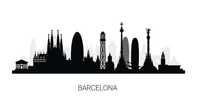 Silhouette depiction of iconic buildings, cathedrals, and monuments forming a city's skyline