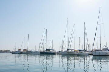Fototapeta premium Row of white sailboats in sea port with water reflections