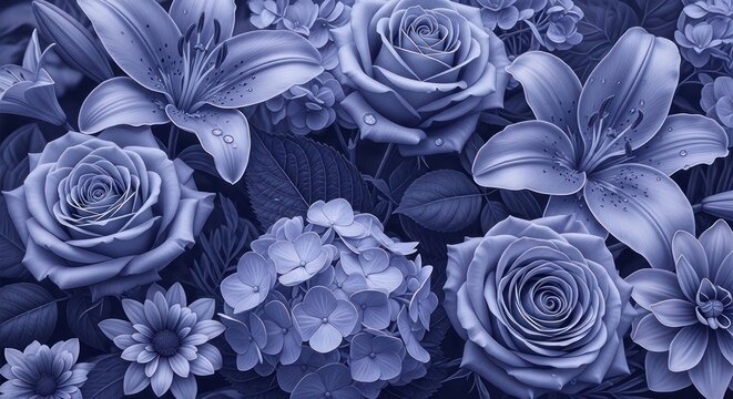 Blue Floral Arrangement with Roses and Blooms.
