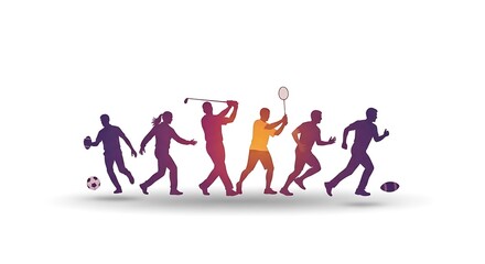 Obraz premium Silhouetted figures in motion depicting various sports, gradient color over white