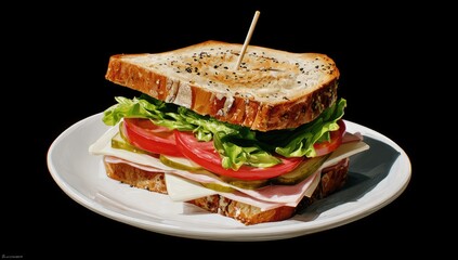 Sandwich with lettuce, tomato, cheese on plate