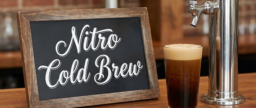 Nitro Cold Brew Coffee Glass Beside Tap and Menu
