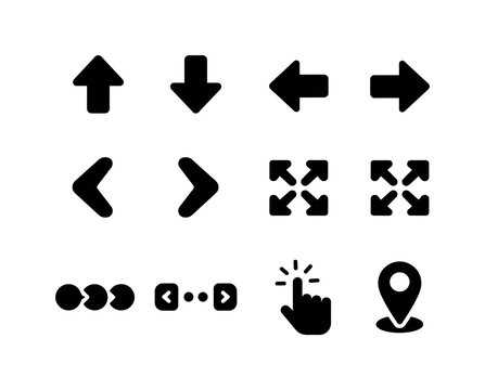 Solid vector icons of navigation iconography: arrowup, arrowdown, arrowleft, arrowright, chevronleft, chevronright, expand,