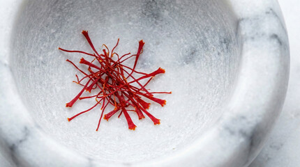 Premium vivid red saffron threads inside a white marble mortar