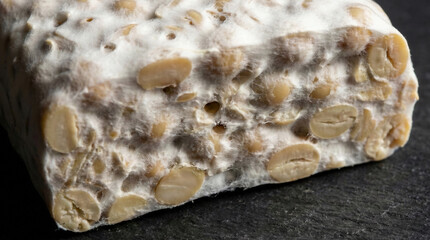 Macro of raw tempeh showing soybeans bound by dense white mycelium