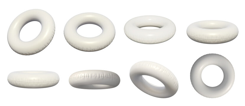 White inflatable swimming ring mockup set. PNG 3D plastic lifebuoy isolated on transparent background. Realistic 3d render for branding or product presentation. Air rubber floating accessory icon