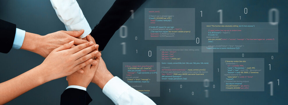 Hands of diverse team members stacked together symbolize unity and collaboration in a digital environment, with programming code in the background emphasizing teamwork in technology. Trope