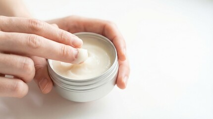 A woman's manicured fingers are scooping a thick, nourishing cosmetic cream from a round aluminum tin.