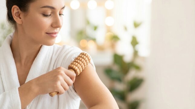A woman in a white bathrobe is using a wooden roller massager on her upper arm for lymphatic drainage or anti-cellulite treatment.