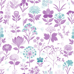 purple and light blue floral seamless pattern . Hand drawn. Not AI, vector illustration.