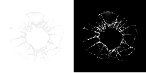 Naklejka premium Realistic shattered glass hole with radiating cracks isolated on black background, broken window overlay effect, bullet impact fracture texture.