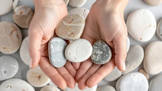 Gentle hands holding smooth natural pebbles, a symbol of peace and tranquility
