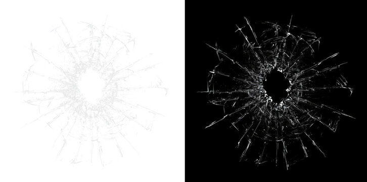 Realistic shattered glass hole with radiating cracks isolated on black background, broken window overlay effect, bullet impact fracture texture.