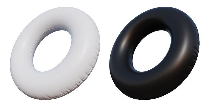 Black white inflatable swimming ring mockup. PNG 3D plastic lifebuoy isolated on transparent background. Realistic 3d render for branding or product presentation. Air rubber floating accessory icon