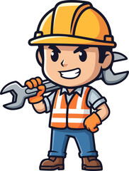 Cartoon builder character wearing a safety helmet and holding a wrench as a professional construction worker mascot illustration vector for industrial engineer or handyman occupation
