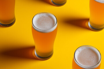 Refreshing golden beers sparkle under bright yellow backdrop