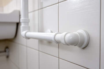 White plumbing installation in a modern bathroom setting