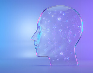 Obraz premium Brain-Inspired Tech: A translucent head with an intricate network design represents the complexities of human cognition, a visual embodiment of innovation, knowledge, and artificial intelligence.