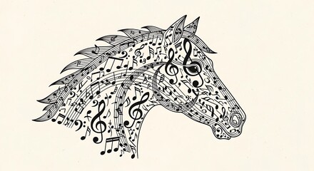 Music Inspired Horse Head Black and White Drawing