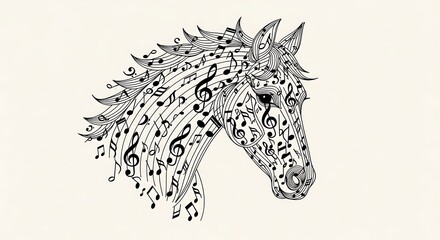 Elegant Line Art Horse with Musical Elements