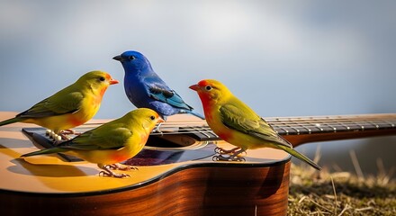Cute Parakeets Perched on Guitar Music