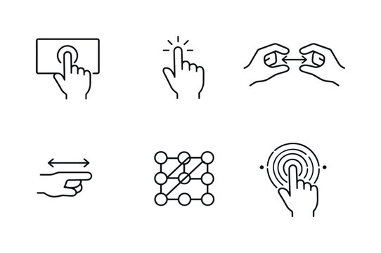 Line style vector icons of multitouch interface: touchscreen-icon outline, finger-tap motif, pinch-zoom outline, swipe-arrow