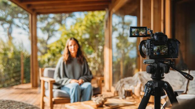 A female content creator is recording a vlog or interview on a stylish patio, with lush trees in the background. The scene captures modern digital storytelling in a serene, inviting environment