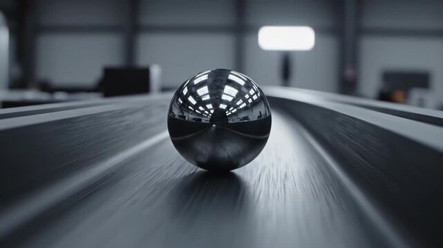 Close-up of a polished chrome metal egg rolling smoothly along a steel track in a modern industrial factory setting
