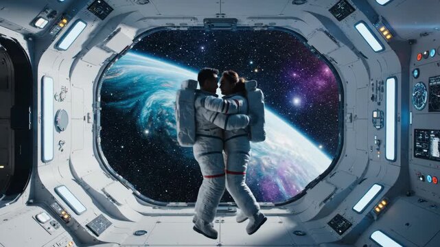 Cinematic shot of two astronauts floating in zero gravity towards a romantic embrace inside a futuristic spaceship tunnel with Earth view