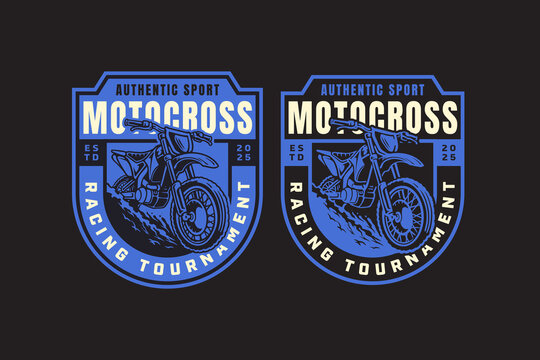 Motocross dirt bike retro badge logo design set for racing sport club. Off road motorcycle vintage patch symbol pack for adventure. Motocross racing tournament rustic emblem elements for outdoor sport