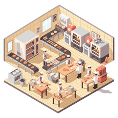 Isometric Bakery Production Line with Bakers and Equipment.