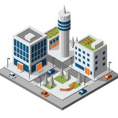 Obraz premium Isometric city block with modern buildings and urban infrastructure.