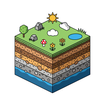 Isometric Cross Section of Earth Layers with Surface Ecosystem.