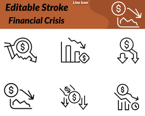 Fototapeta premium A Financial Crisis icon in character style shows a stressed businessperson standing beside a falling graph and a cracked piggy bank. The character may wear a suit and hold their head in worry raised. 