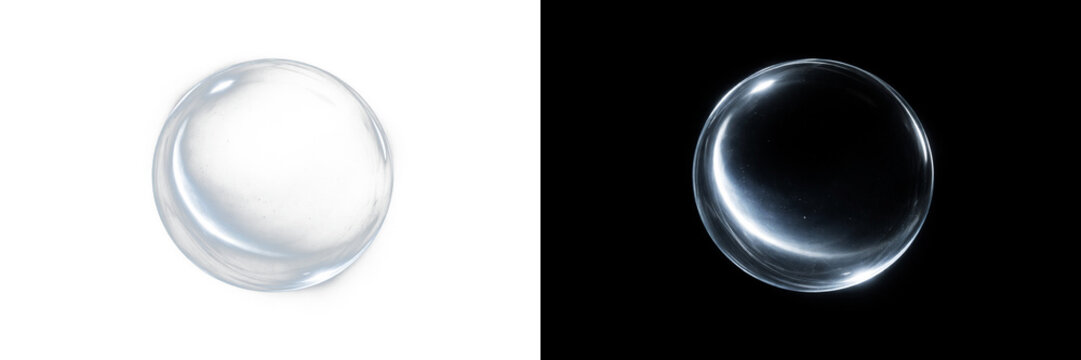Abstract transparent glass sphere bubble, realistic glossy orb with light reflection and clear crystal glow effect on transparent background.